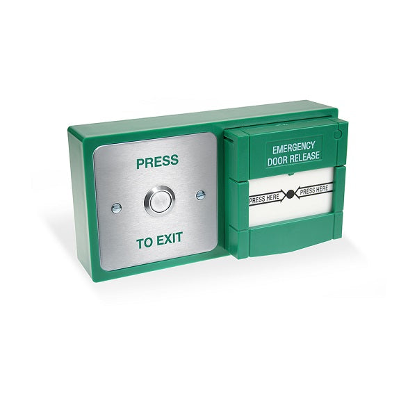 DBB-22-02 Green Backbox with Press to Exit Button and Resettable Break Glass Unit (Call Point) - Smart Access Solutions Ltd